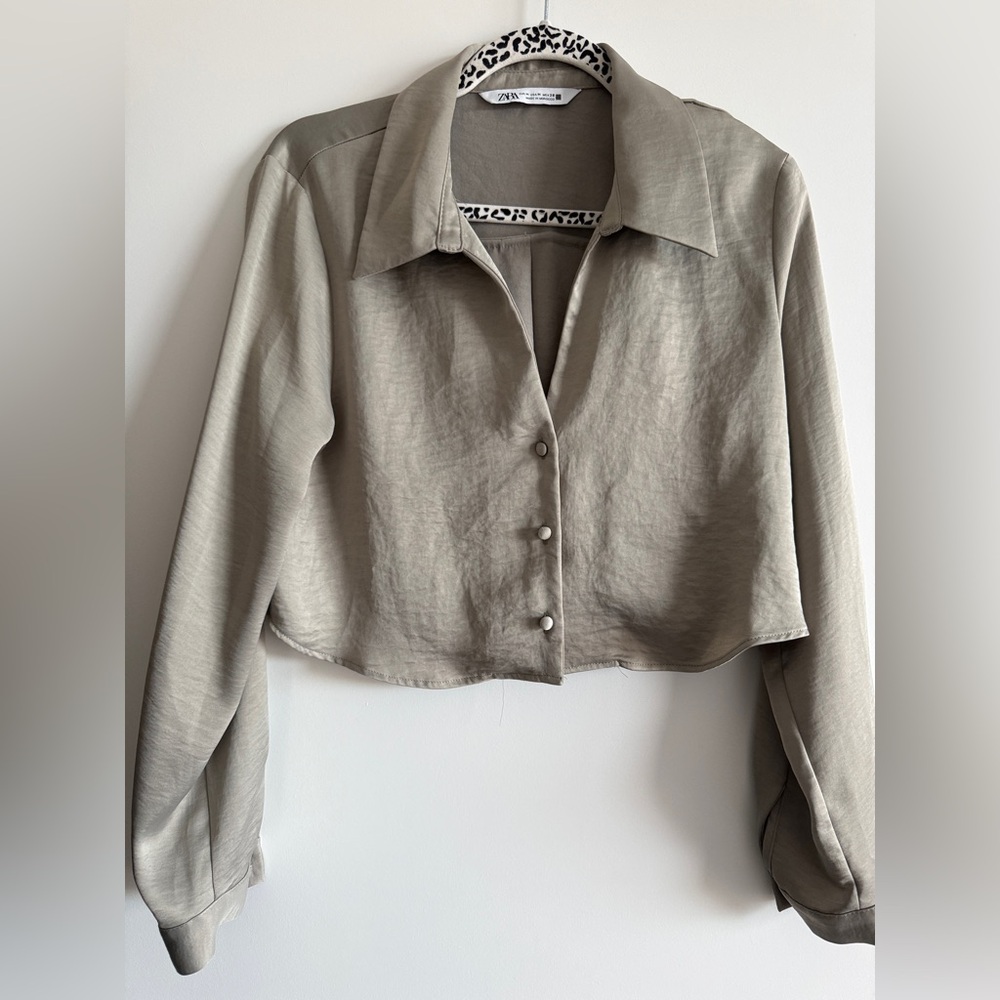Zara Sage Green Button Down Shirt Silk Cropped